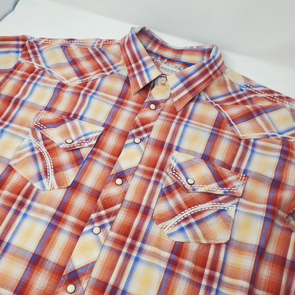 Panhandle Shirt Mens XXL Rough Stock Orange Plaid Snap Western R1F7096